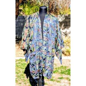 Vintage Chinese Black Satin Brocade Tomesode XL Dressing Robe Lounge Kimono EUC